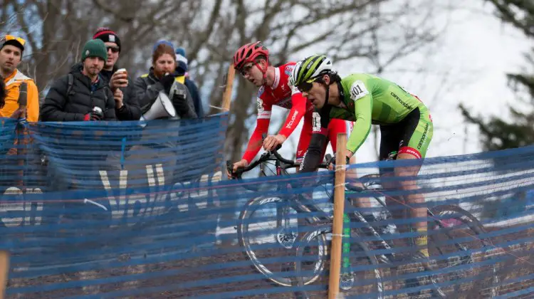 The key moment: Ortenblad took a high line, gained five bike lengths and was gone. U23 Men, 2016 Cyclocross National Championships. © Cyclocross Magazine