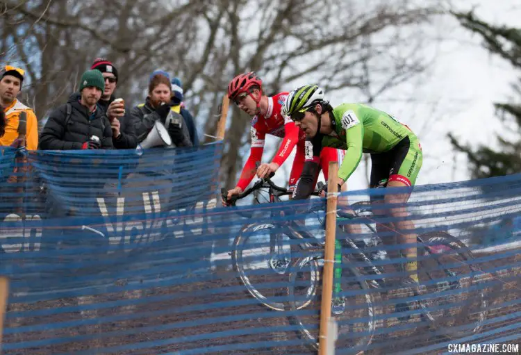 The key moment: Ortenblad took a high line, gained five bike lengths and was gone. U23 Men, 2016 Cyclocross National Championships. © Cyclocross Magazine