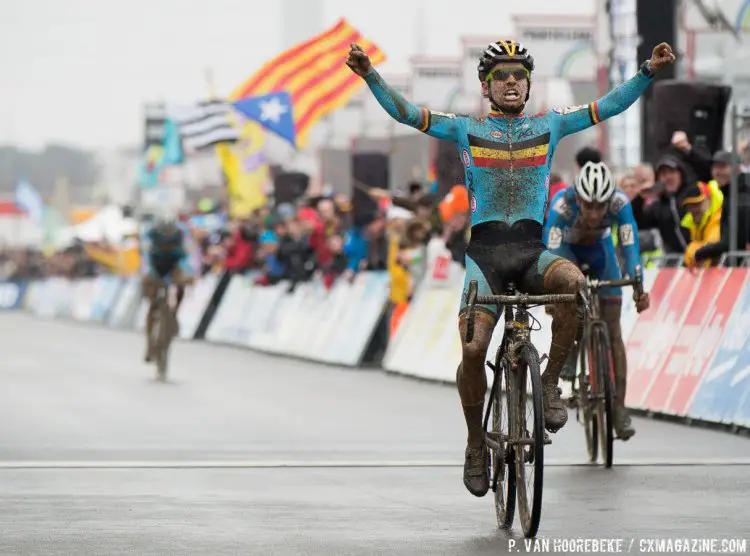 The thrill of victory, and the agony of defeat. Eli Iserbyt takes the final sprint over Adam Toupalik, who sprinted a lap early. U23 Men, 2016 Cyclocross World Championships. © Pieter Van Hoorebeke / Cyclocross Magazine