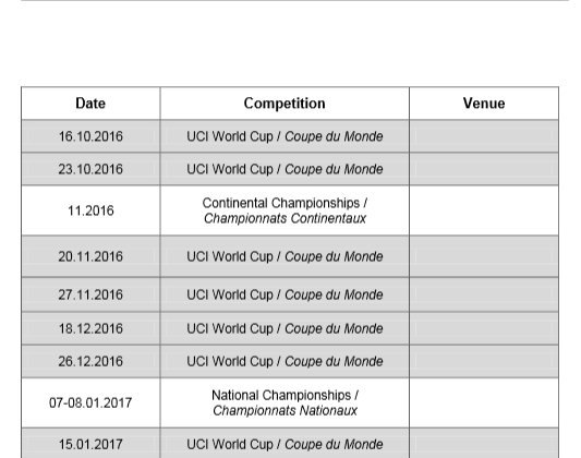 Preliminary 2016/2017 UCI Cyclocross World Cup schedule