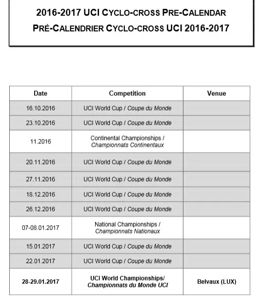 Preliminary 2016/2017 UCI Cyclocross World Cup schedule