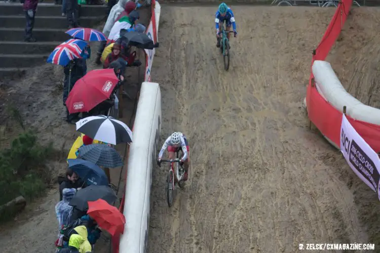 Winner Evie Richards leads Chiara Teocchi of Italy down one of Zolder's tricky descents. U23 Women, 2016 Cyclocross World Championships. © Danny Zelck / Cyclocross Magazine