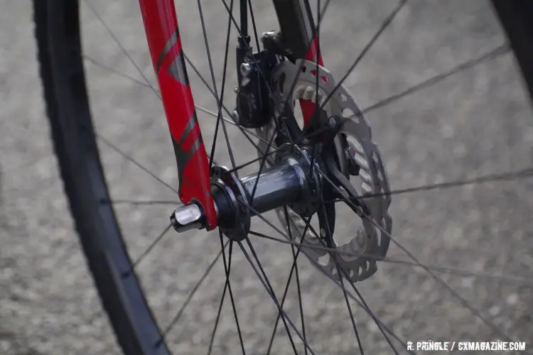 Dyck's wheels are Shimano CX-75 hubs with a Dura Ace freehub body laced to 28 hole Stan's Notubes Valour rims with Sapim Spokes and were built by her boyfriend/mechanic Regan Pringle. 2016 Cyclocross World Championships. © Regan Pringle / Cyclocross Magazine