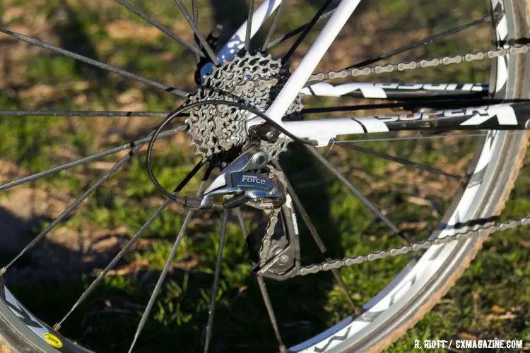 Bucking the trend to go 1 x 11, Val ran SRAM Force 10 speed. 2016 Cyclocross National Championships. © R. Riott / Cyclocross Magazine