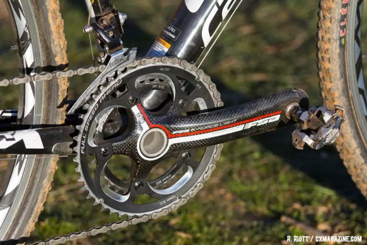 Val's FSA K-Force Light crankset has a large ring that reads "46/36" but Val ran a 34 inner ring ay Nationals. 2016 Cyclocross National Championships. © R. Riott / Cyclocross Magazine