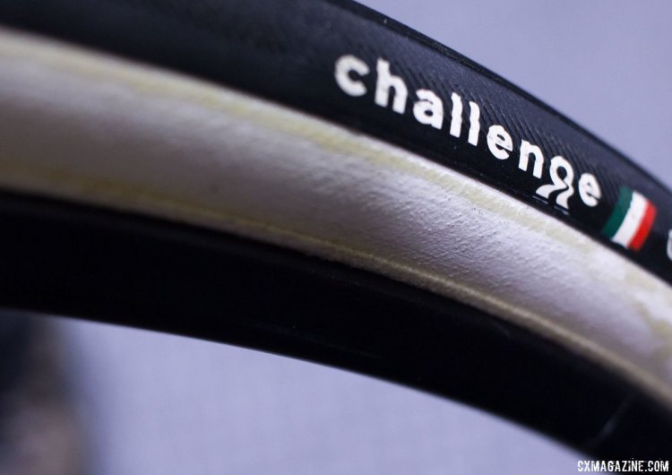 Challenge Tires is moving to a new shite sidewall treatment for Team Editions this year. It's said to be more supple, doesn't require sealing, and remains white after repeated pressure washing. The rubber of the Team Edition should be thinner and doesn't extend as far down the sidewall for more suppleness as well. NAHBS 2016. © Cyclocross Magazine