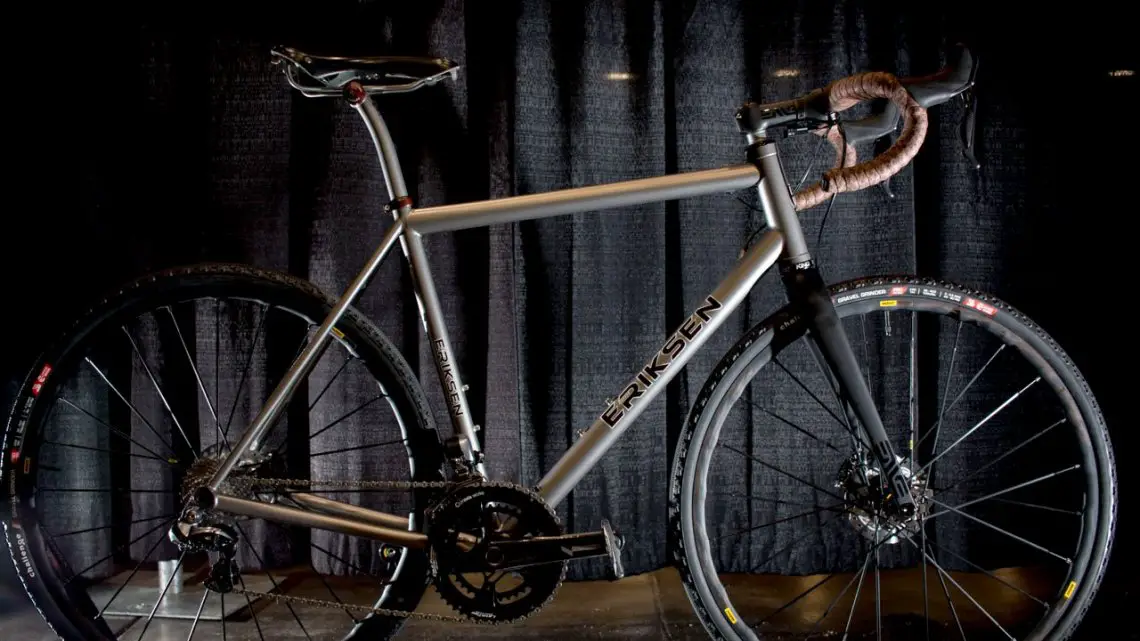 Kent Eriksen Cycles showed off this titanium gravel bike, with a T47 bottom bracket, flat mount disc brake mount, and a custom spider to ensure proper chainline and chainstay clearance for the SRAM crankset ad road rings. NAHBS 2016. © Cyclocross Magazine