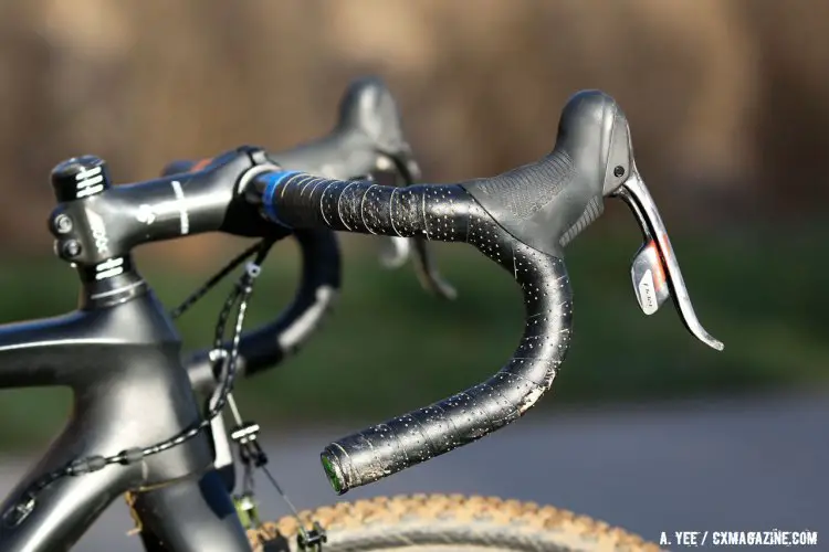 Mertz's Zipp bars are rotated slightly up and are held in place by her carbon Bontrager XXX stem. Singlespeed Women, 2016 Cyclocross National Championships. © Cyclocross Magazine