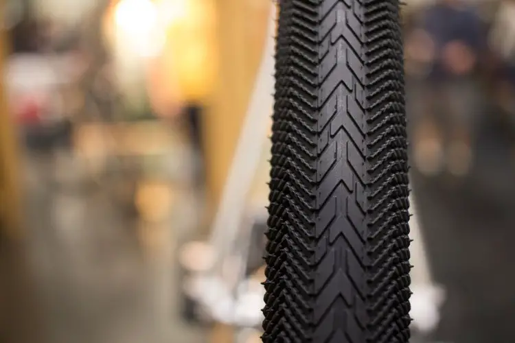 The Clement Strada USH combines the best of the Strada and USH tires for a versatile narrow gravel tire or fat road tire. New gravel and cyclocross tires, NAHBS 2016. © Cyclocross Magazine