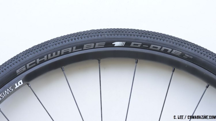Schwalbe's new G-One Tubeless Easy Gravel Tire comes in three sizes and is indeed "tubeless easy." © Clifford Lee / Cyclocross Magazine