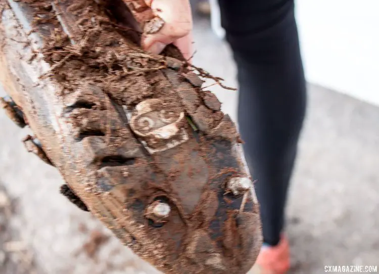 Tobin Ortenblad was worried about the off-camber running in Asheville, and thus cut asymetrical notches in his shoe's lugs. 2016 Cyclocross National Championships bike. © Cyclocross Magazine