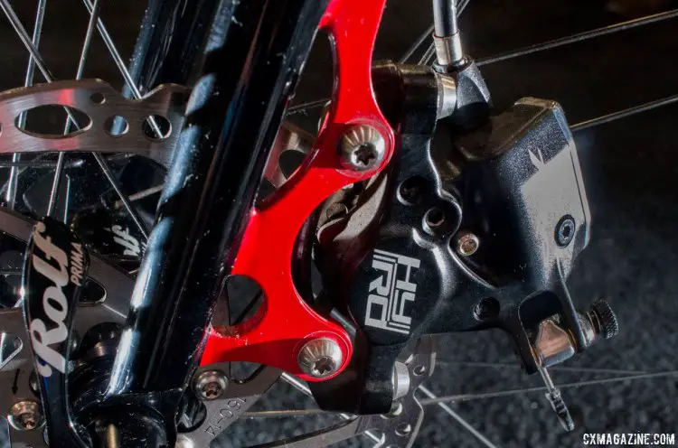 TRP's cable-actuated hydraulic brake on the Mars Cycles steel fork. TRP Brakes booth, NAHBS 2016. © Cyclocross Magazine