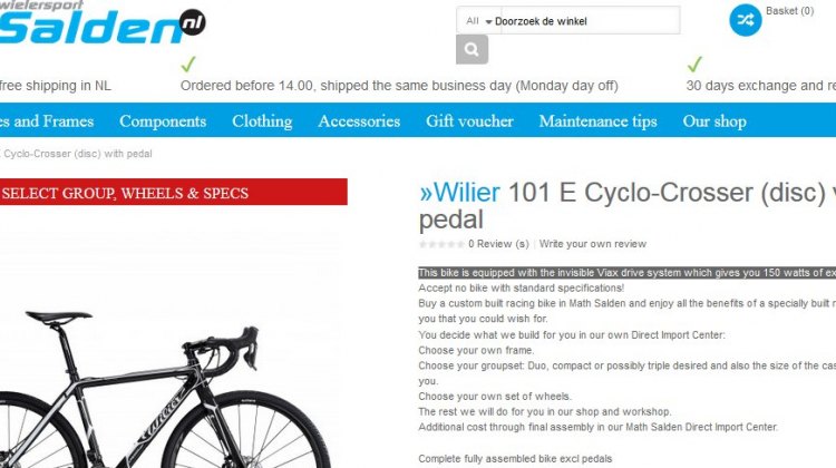 salden.nl offers a Wilier cyclocross bike pre-equipped with a pedal assist motor that is said to offer 150 watts of additional power.