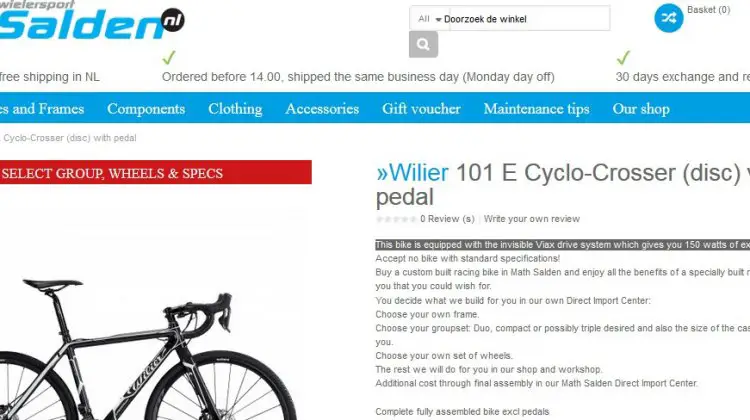 salden.nl offers a Wilier cyclocross bike pre-equipped with a pedal assist motor that is said to offer 150 watts of additional power.