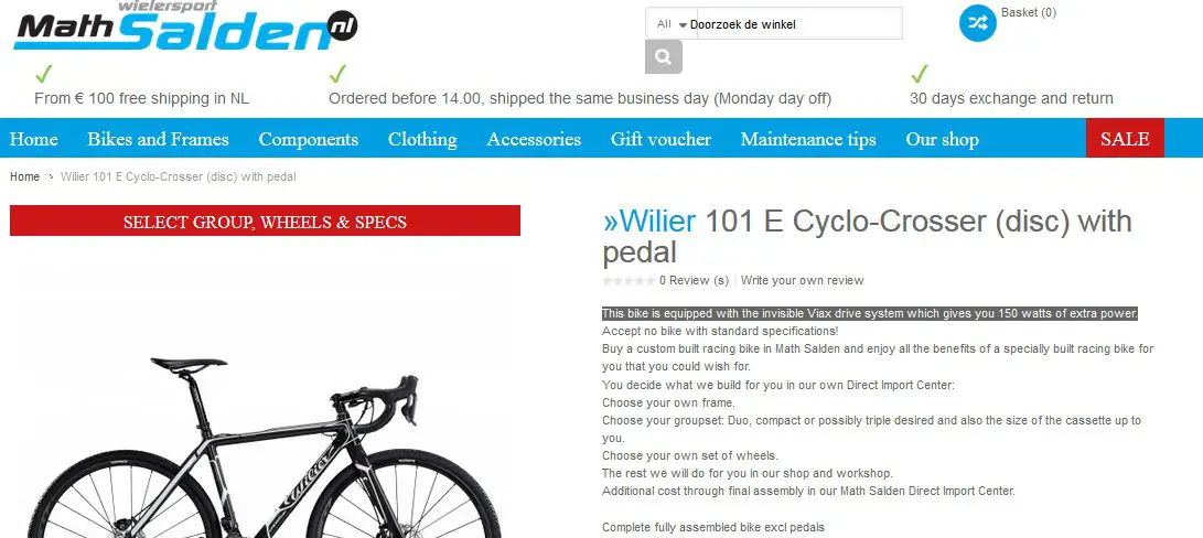 salden.nl offers a Wilier cyclocross bike pre-equipped with a pedal assist motor that is said to offer 150 watts of additional power.