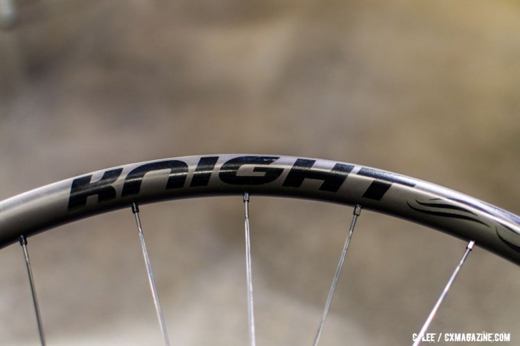 The Knight Composites 24mm rim depth tubeless ready rim with sapim CX ray spokes adds up to a close to 1300 gram tubeless clincher wheelset. NAHBS 2016. © Clifford Lee / Cyclocross Magazine