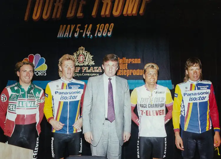 Donald Trump seen with some of the sport's biggest stars from 1989, including Dag Otto Lauritzen to Trump's left in the 1989 Tour de Trump leader's jersey. Photo: Anders on flickr