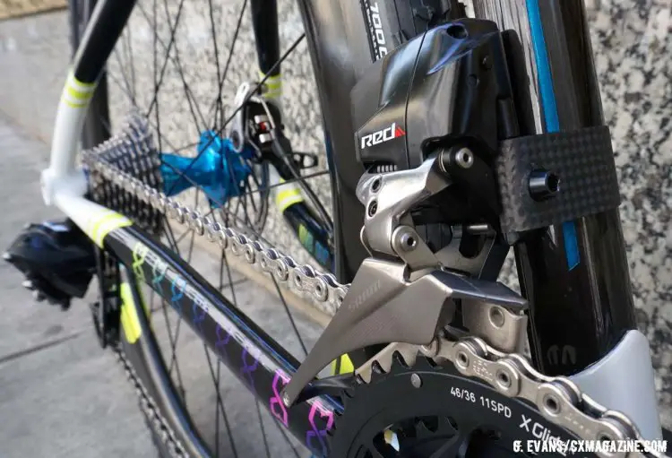The eTap front derailleur is fixed to the seat tube with a carbon band. © Cyclocross Magazine