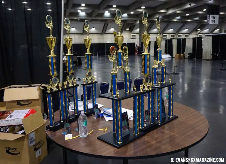 Luminous trophies patiently await the announcement of their unknowing recipients. © Cyclocross Magazine