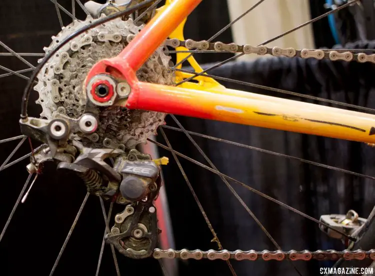 Shimano's Zee clutch-based 10-speed rear derailleur paired with Gevenalle GXH shifters keeps Liberles running in the Portland mud. NAHBS 2016. © Cyclocross Magazine