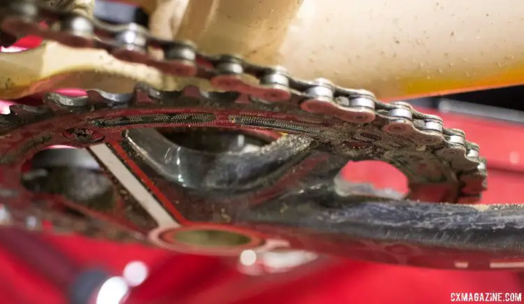 A Race Face wide/narrow ring paired with Gevenalle shifters and a Shimano Zee rear derailleur creates a unique Shimano-based 1x drivetrain. NAHBS 2016. © Cyclocross Magazine