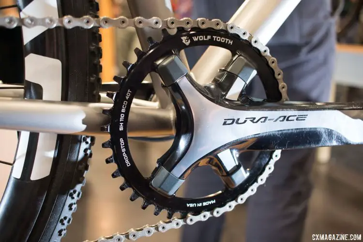 A Shimano 1x drivetrain, with Wolf Tooth's wide/narrow Drop Stop chainring. Mosaic Bespoke Bicycles. NAHBS 2016. © Cyclocross Magazine