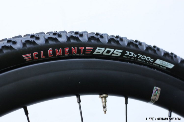 The Clement BOS cyclocross tubeless tire is named after Boston's Logan Airport code, and is designed for mud . © Cyclocross Magazine