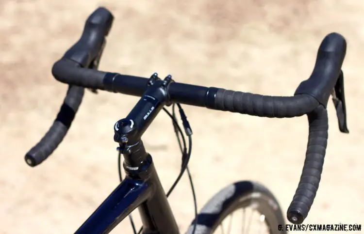 The cockpit is comprised of Bulls’ own aluminum bar, stem and seatpost. The Grinder 1, shown here, uses the new 105-grade Shimano hydraulic levers. Sea Otter Classic 2016 © Greg Evans / Cyclocross Magazine