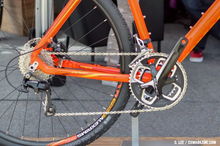 The mechanical Shimano 105 drivetrain mated to an FSA crankset on the Mongoose Soleus Expert. 2016 Sea Otter Classic. © Clifford Lee / Cyclocross Magazine