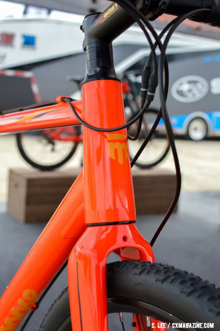 The Mongoose Soleus Expert features a tapered head tube to house the aluminum steerer. 2016 Sea Otter Classic. © Clifford Lee / Cyclocross Magazine