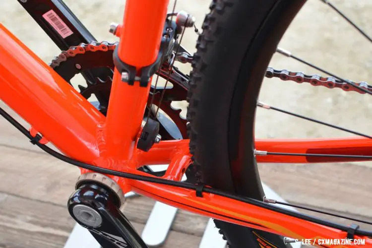 The Mongoose's threaded bottom bracket should prove for easy maintenance. But the chainstay bridge could prove problematic for mud build-up. 2016 Sea Otter Classic. © Clifford Lee / Cyclocross Magazine