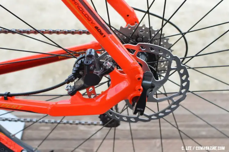 Flat mount disc brake calipers on the Mongoose Solues Expert. 2016 Sea Otter Classic. © Clifford Lee / Cyclocross Magazine