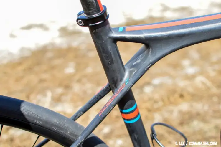 GT's triple triangle has a structural benefit that is said to improve ride quality, shortening the effective seatstay length and bracing them laterally for more compliance. 2016 Sea Otter Classic. © Clifford Lee / Cyclocross Magazine
