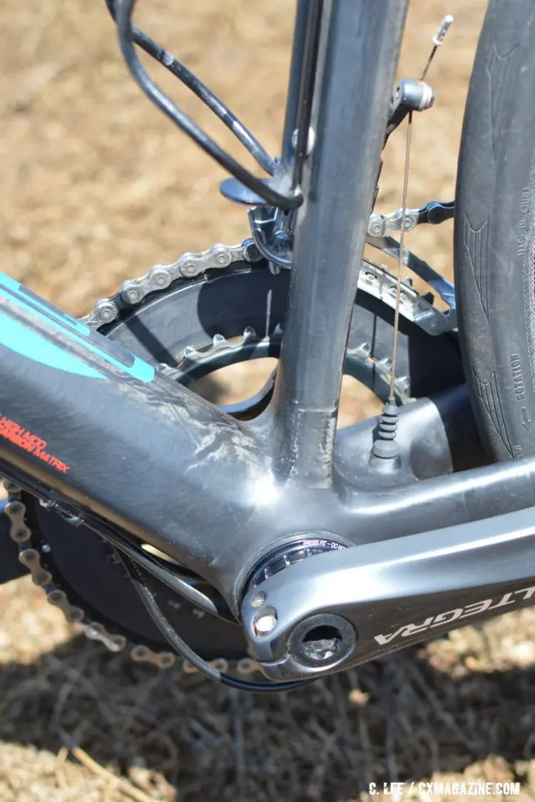 The Grade's seat tube has a retanglar section where it meets the bottom bracket, which creates just a bit of a mud shelf. 2016 Sea Otter Classic. © Clifford Lee / Cyclocross Magazine