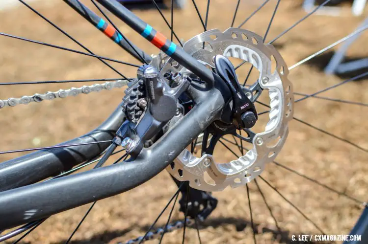 Out back the Grade features a post mount brake mount on the thin, elevated chainstays. 2016 Sea Otter Classic. © Clifford Lee / Cyclocross Magazine