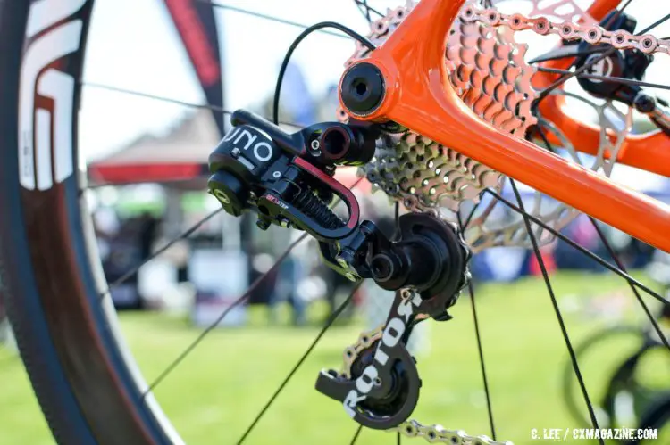 Rotor's new Uno hydraulic rear derailleur houses the indexing mechisn and has settings for quick wheel replacements. 2016 Sea Otter Classic. © Clifford Lee / Cyclocross Magazine.