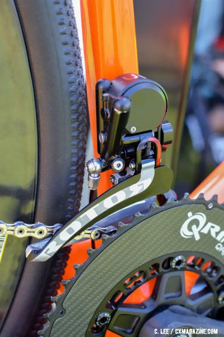 Note the banjo on Rotor Uno front derailleur near rear tire. 2016 Sea Otter Classic. © Clifford Lee / Cyclocross Magazine.