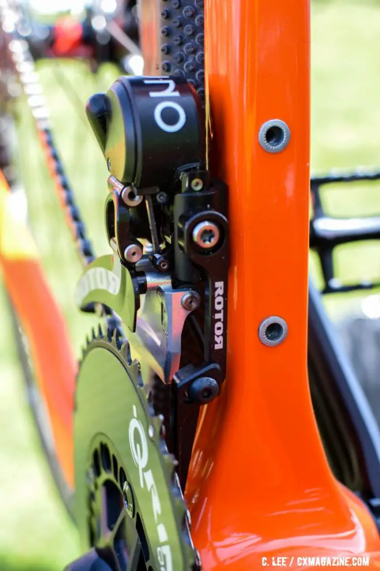 Rotor's new hydraulic shiifting front mechanism features a built-in chain watcher. 2016 Sea Otter Classic. © Clifford Lee / Cyclocross Magazine.