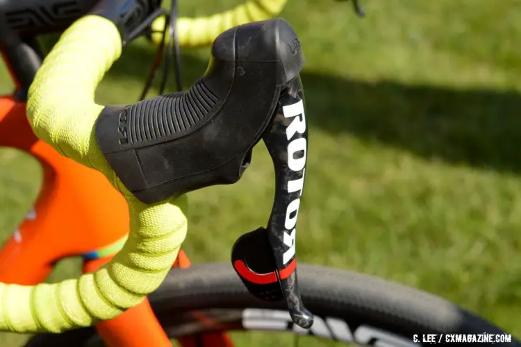 Rotor's single shift lever for both front and rear shifts is similar to SRAM's well-known DoubleTap system. 2016 Sea Otter Classic. © Clifford Lee / Cyclocross Magazine.