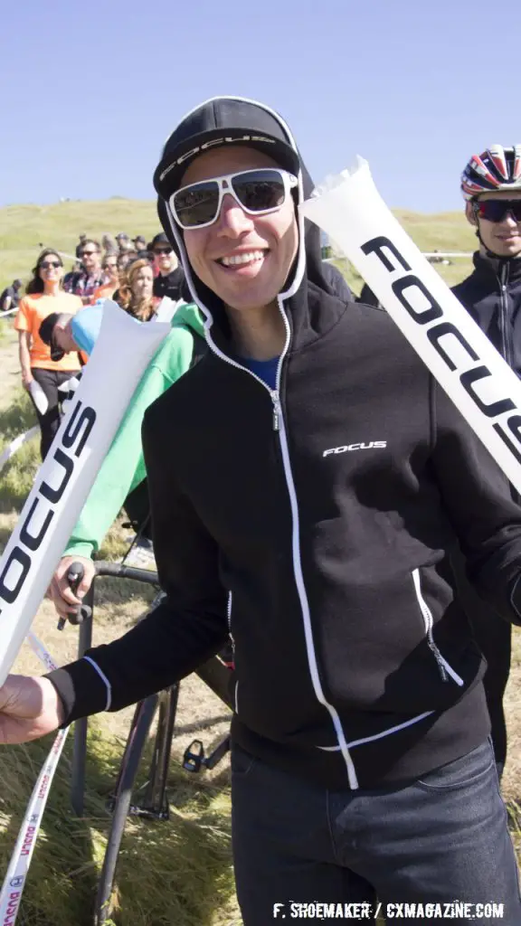 Jeremy Powers cheers on riders at the eMTB race at Sea Otter. © Frank Shoemaker / Cyclocross Magazine
