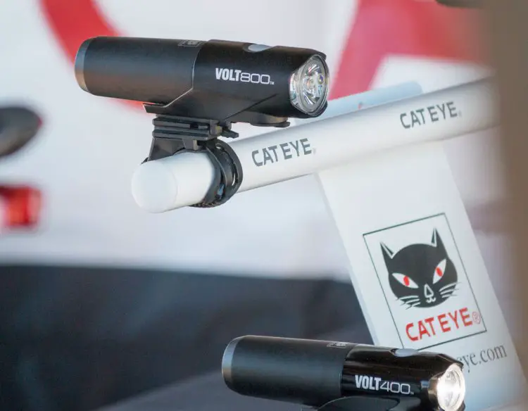The Cateye Volt 700 was one of our Editor's Choice Award-winning products, with its secure, quick mount, and interchangeable batteries and bright pattern. The Volt also has 800 lumens and 400 lumens options in the same form factor. Sea Otter Classic 2016. © Greg Evans / Cyclocross Magazine