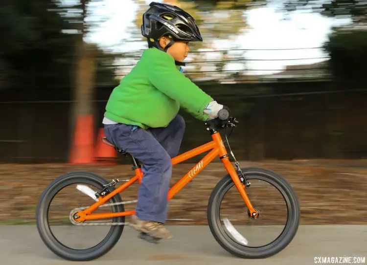 Our tester putting the Cleary Bikes 16" wheel Hedgehog kid's bike to the test. © Cyclocross Magazine