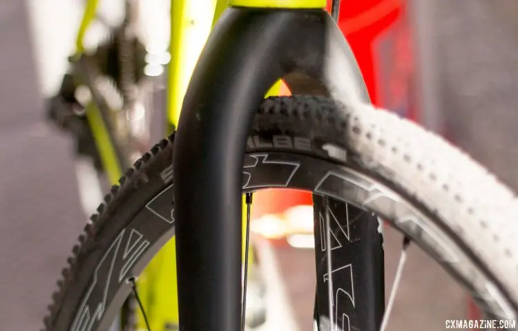 The front end of Richey's Steeple XC cyclocross bike features Garneau's, full carbon, 1½'' tapered steerer, 15 mm thru axle fork. Sea Otter Classic 2016. © Cyclocross Magazine