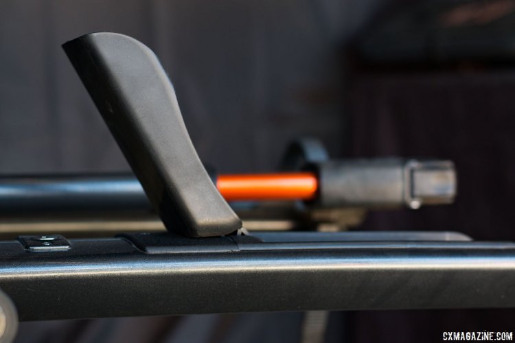 Küat Racks' Sherpa 2.0 features flip-up and flip-down tire cradles, for better aerodynamics and a cleaner look. Sea Otter Classic 2016. © Cyclocross Magazine