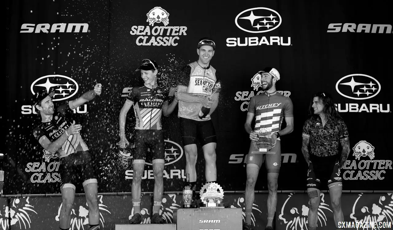 Sea Otter Classic 2016 Cyclocross Race, men's podium, L to R: Driscoll, Haidet, Ortenblad, Frederick, Clark. © Cyclocross Magazine