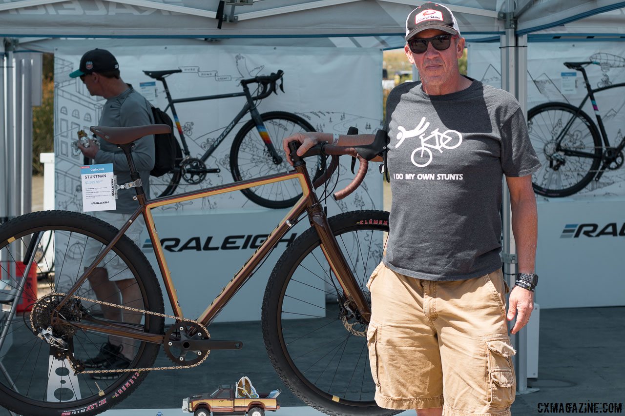 How appropriate. The Stuntman bike attracted this show attendee, who just happened to be wearing this shirt. Raleigh steel Stuntman cyclocross/gravel/stunt disc brake bike. Sea Otter Classic 2016. © Cyclocross Magazine