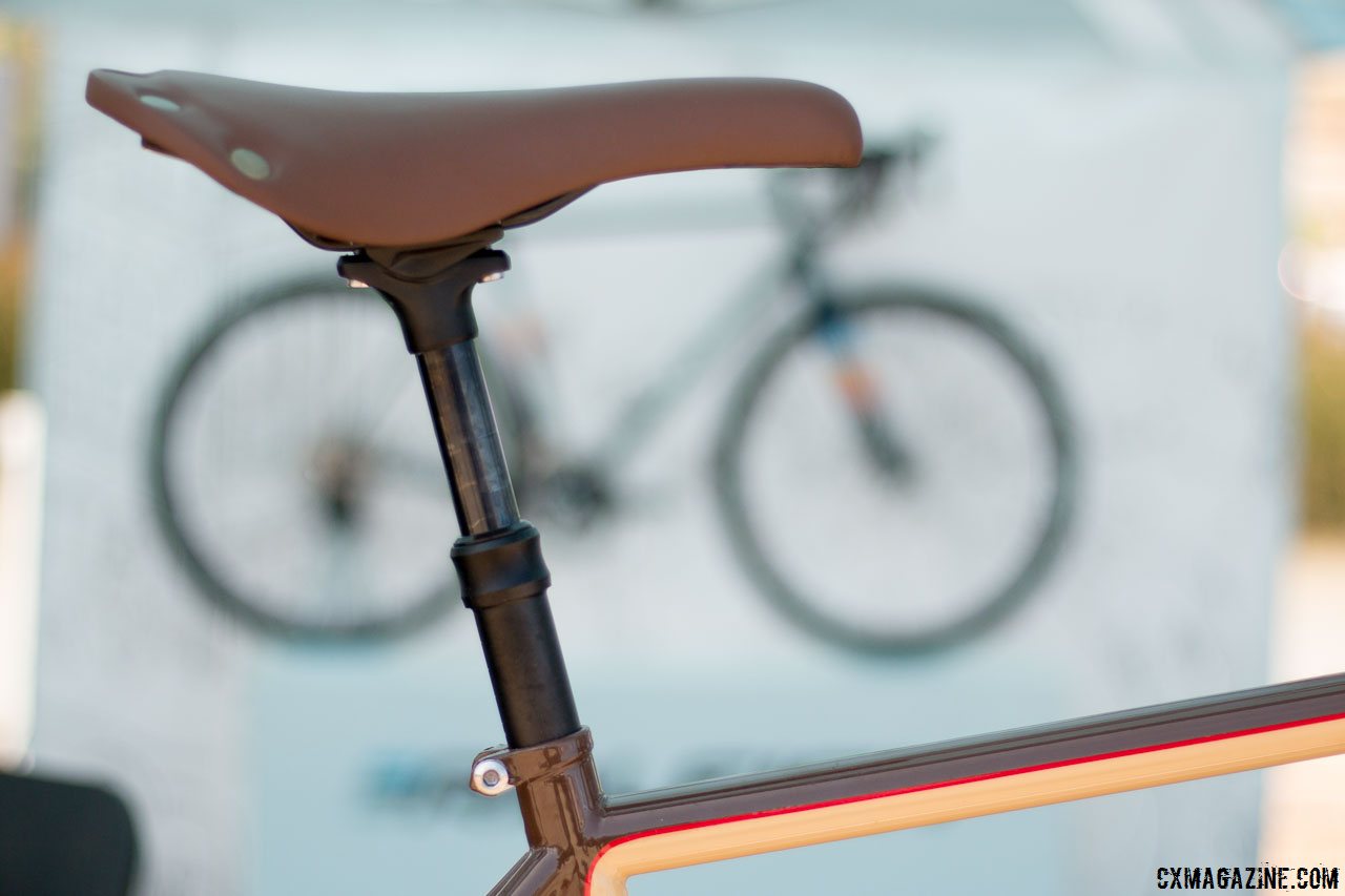 Raleigh's dropper post helps you reduce stunt injury while riding the steel Stuntman cyclocross/gravel/stunt disc brake bike. Sea Otter Classic 2016. © Cyclocross Magazine