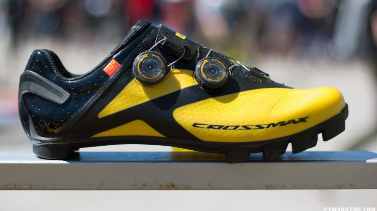 Mavic's new Crossmax SL Ultimate shoe is the company's top cyclocross-oriented offering, with less shoe lugs and the Ergo Dials for fit. Sea Otter Classic 2016. © Cyclocross Magazine