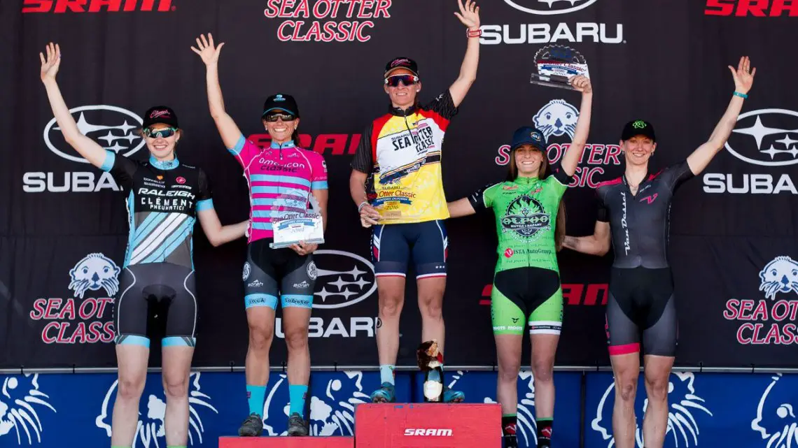 Sea Otter Classic 2016 Cyclocross Race, women's podium, L to R: Rathbun, McFadden, Mani, Clouse, Maximenko. © Cyclocross Magazine