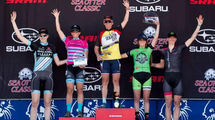 Sea Otter Classic 2016 Cyclocross Race, women's podium, L to R: Rathbun, McFadden, Mani, Clouse, Maximenko. © Cyclocross Magazine